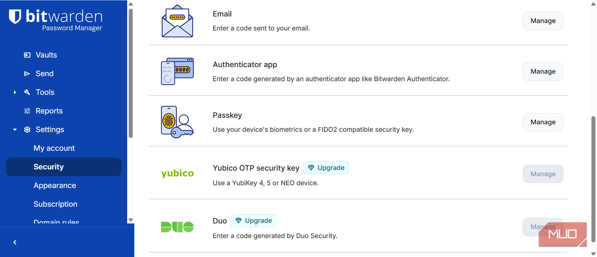 Bitwarden 2FA options