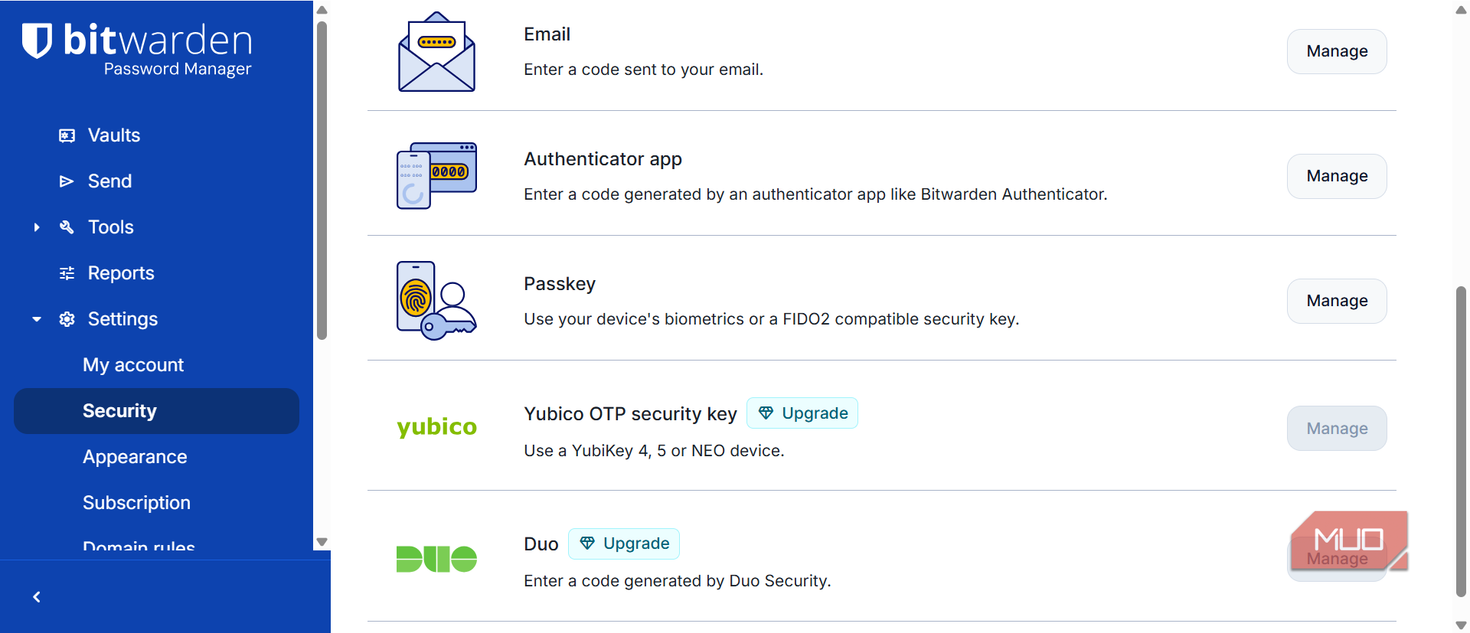 Bitwarden 2FA options