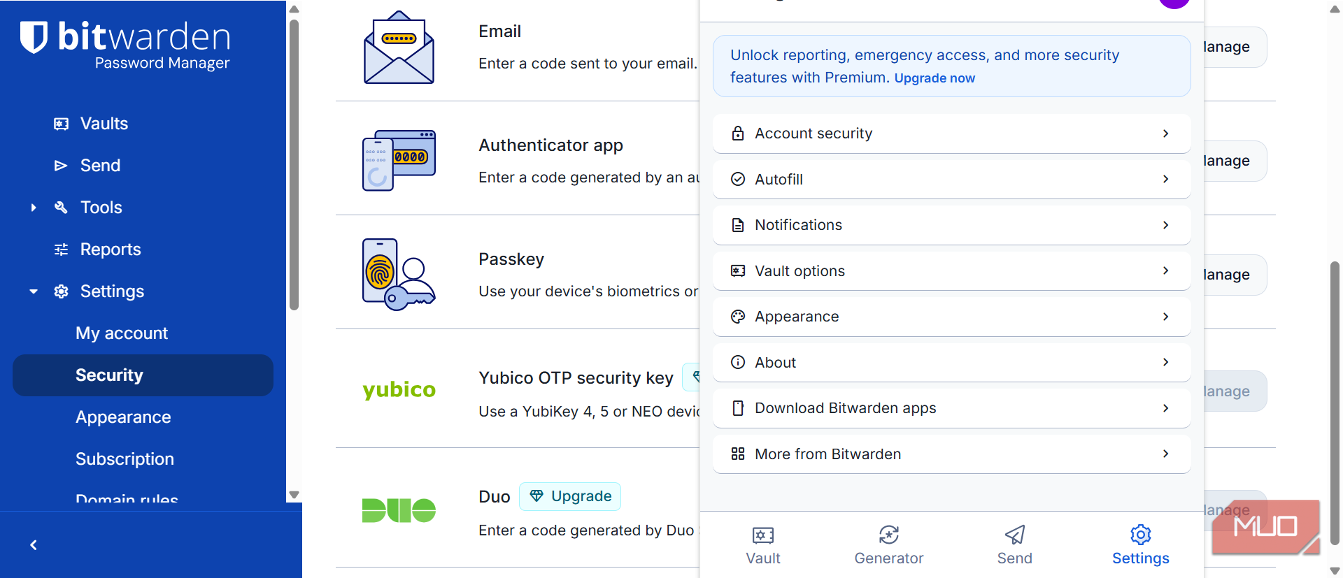 Bitwarden extension settings