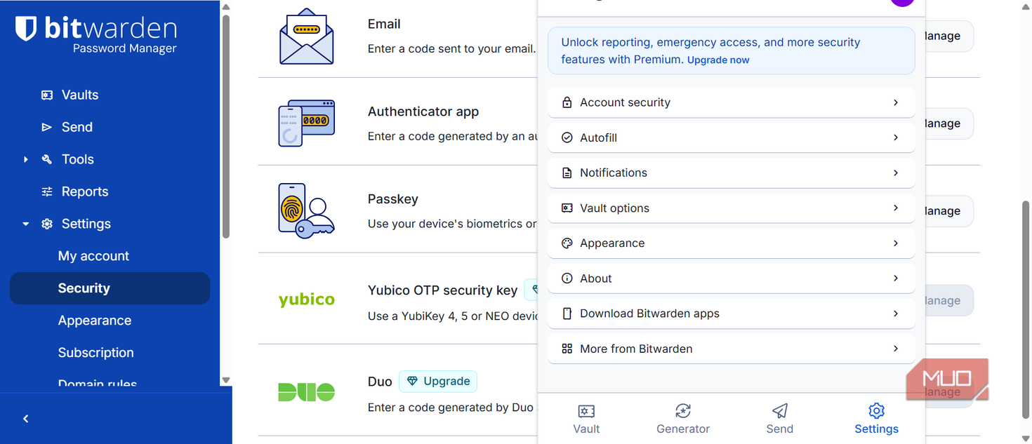 Bitwarden extension settings