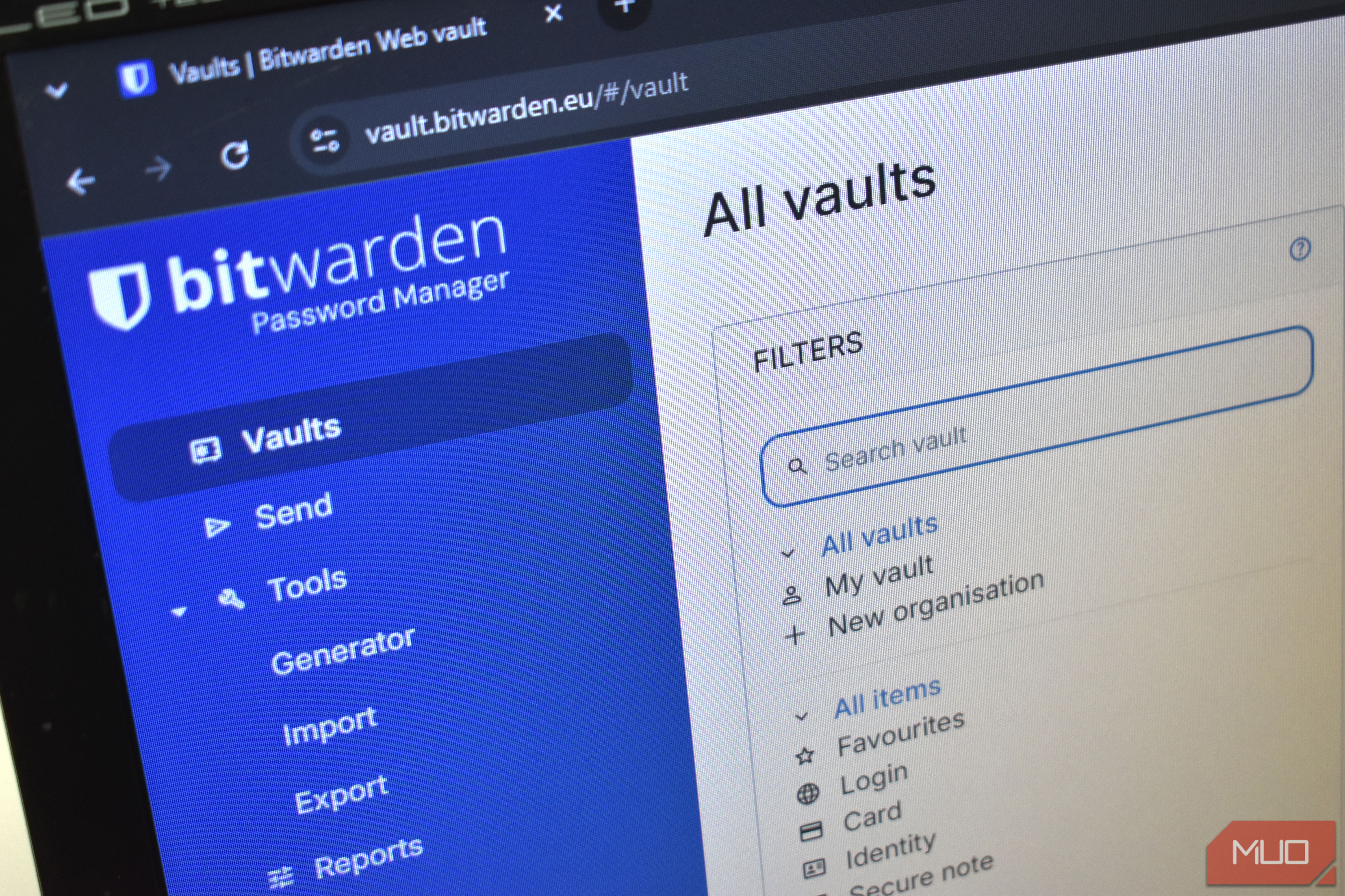 bitwarden password vault list on computer screen