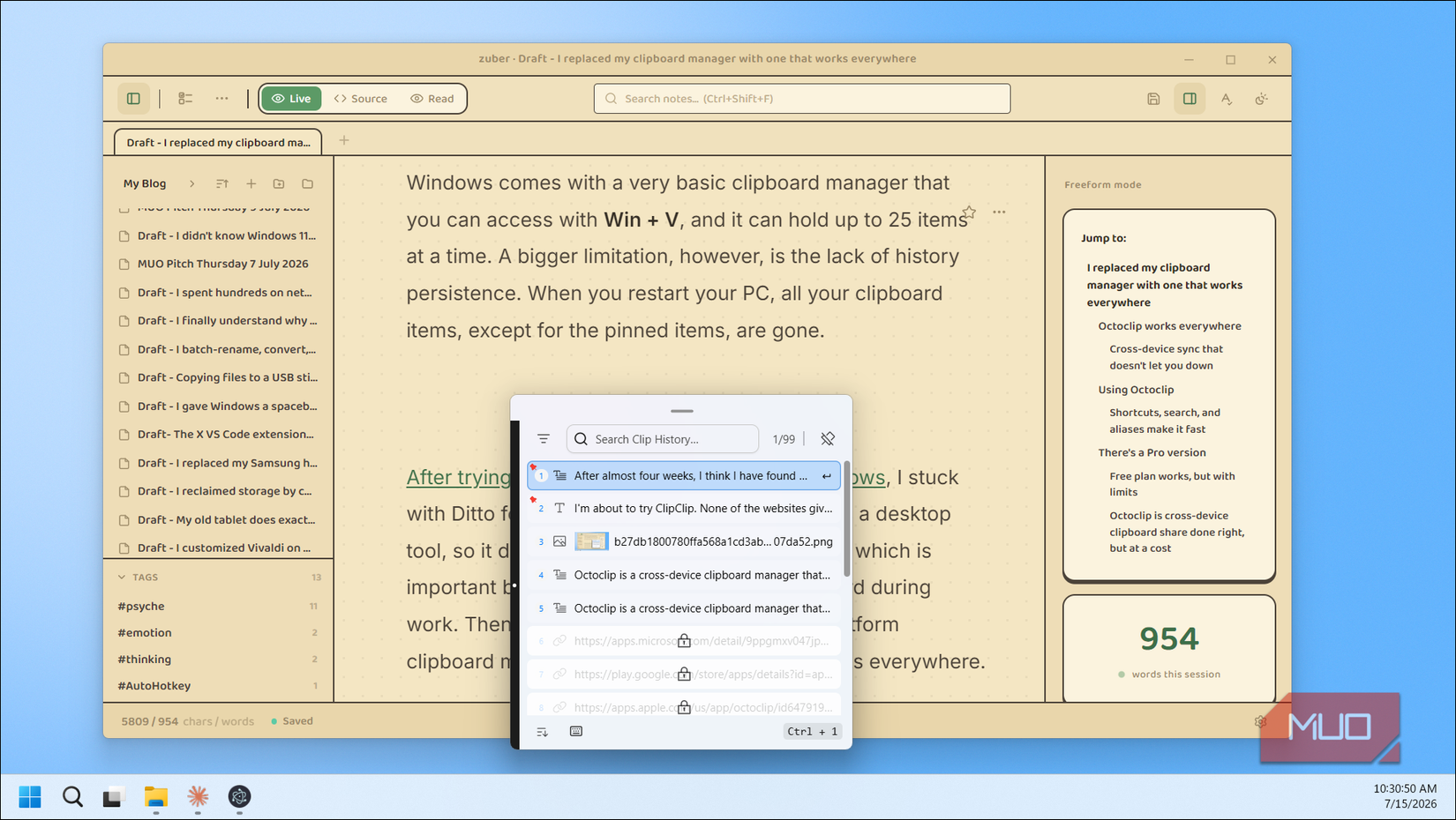 Blog draft with Octoclip clip history overlay