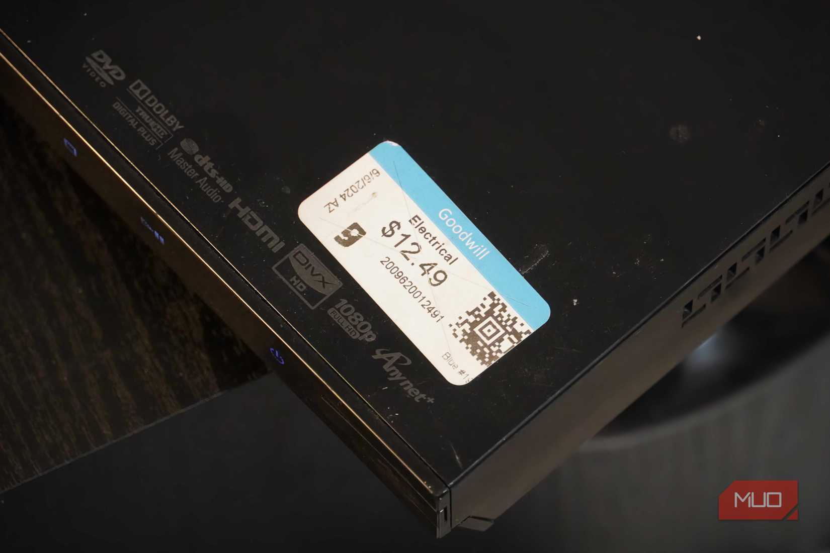The price sticker on a Goodwill Blu-ray player.