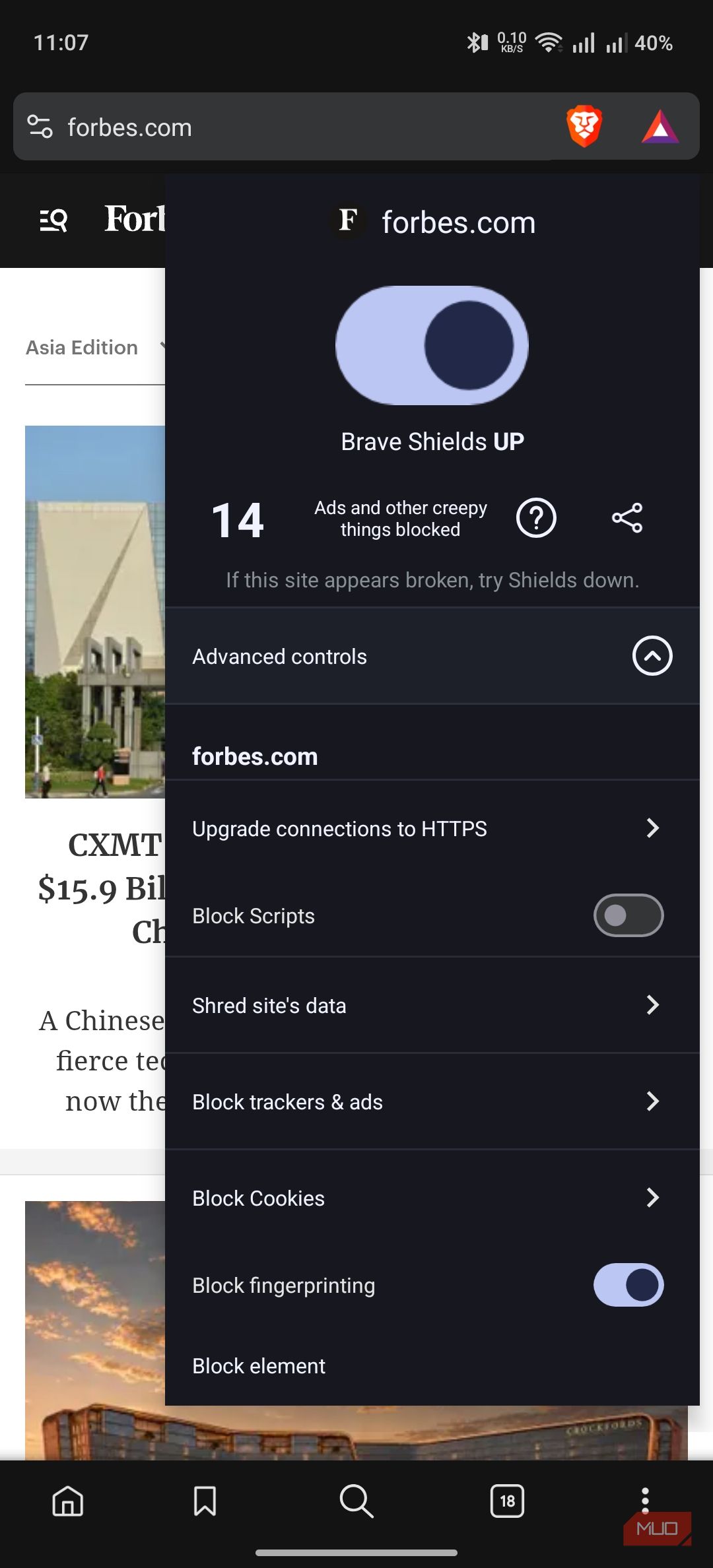 Brave Browser on Android showing ad blocking statistics
