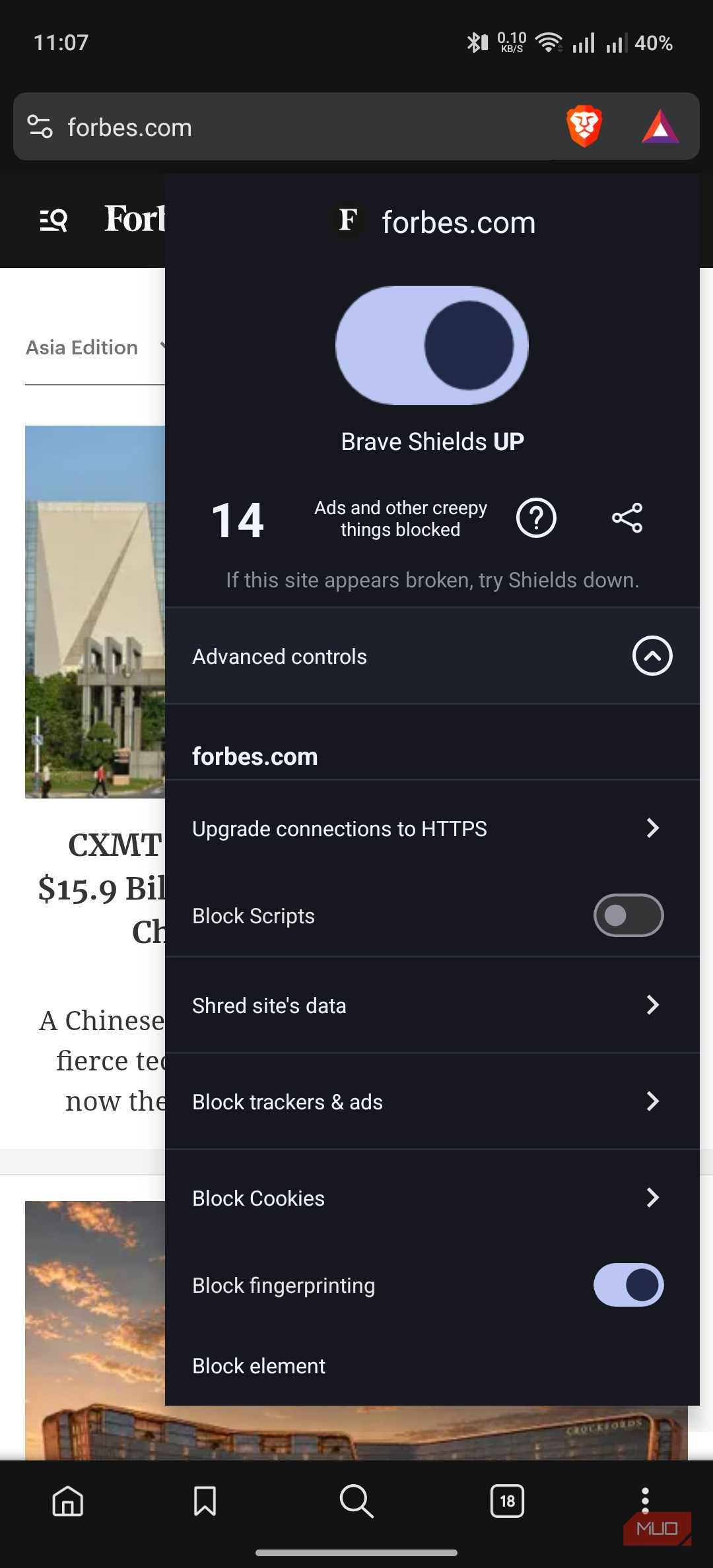 Brave Browser on Android showing ad blocking statistics
