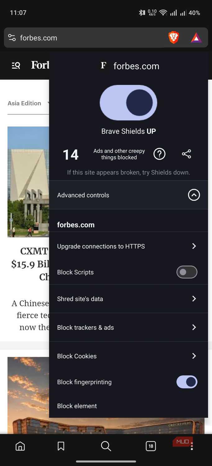 Brave Browser on Android showing ad blocking statistics