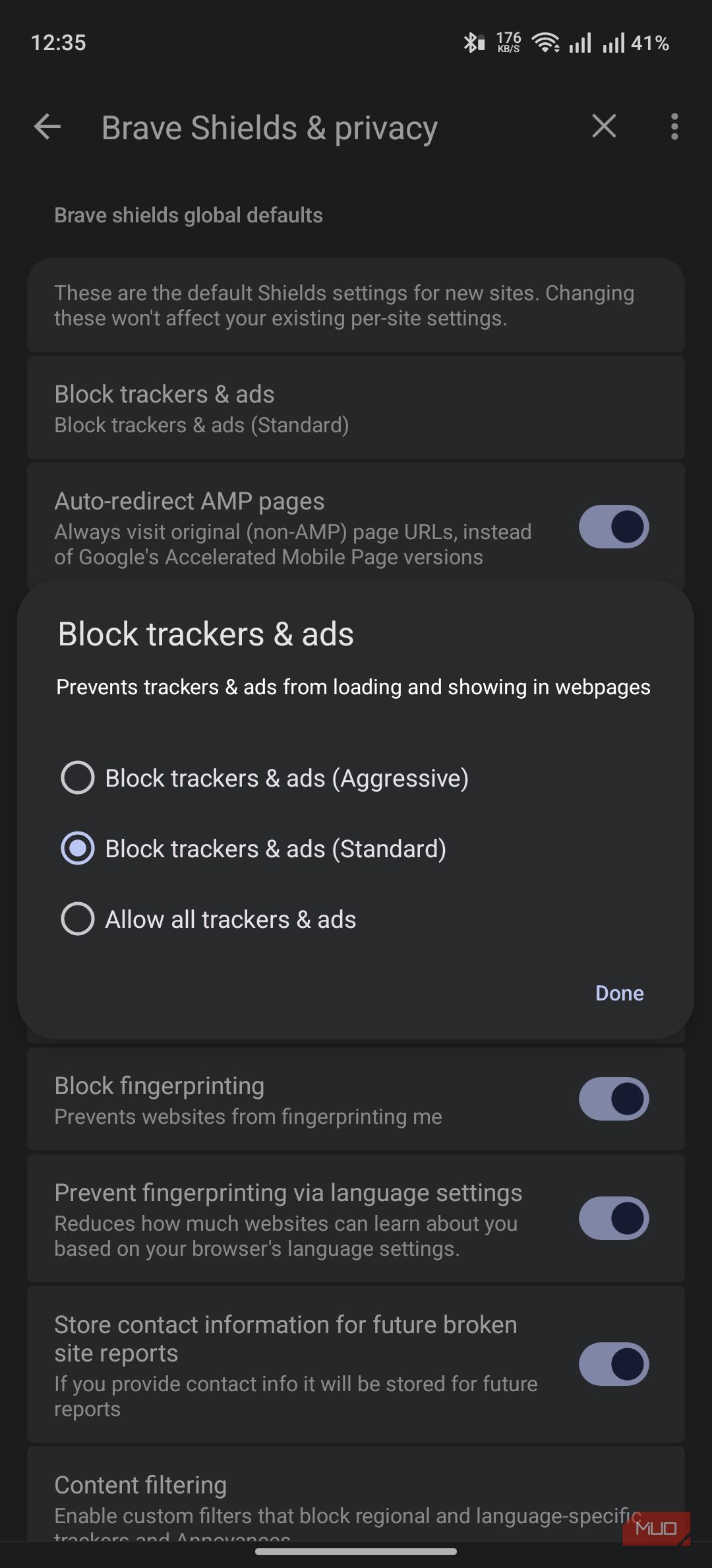 Brave Browser on Android showing advanced ad blocking features