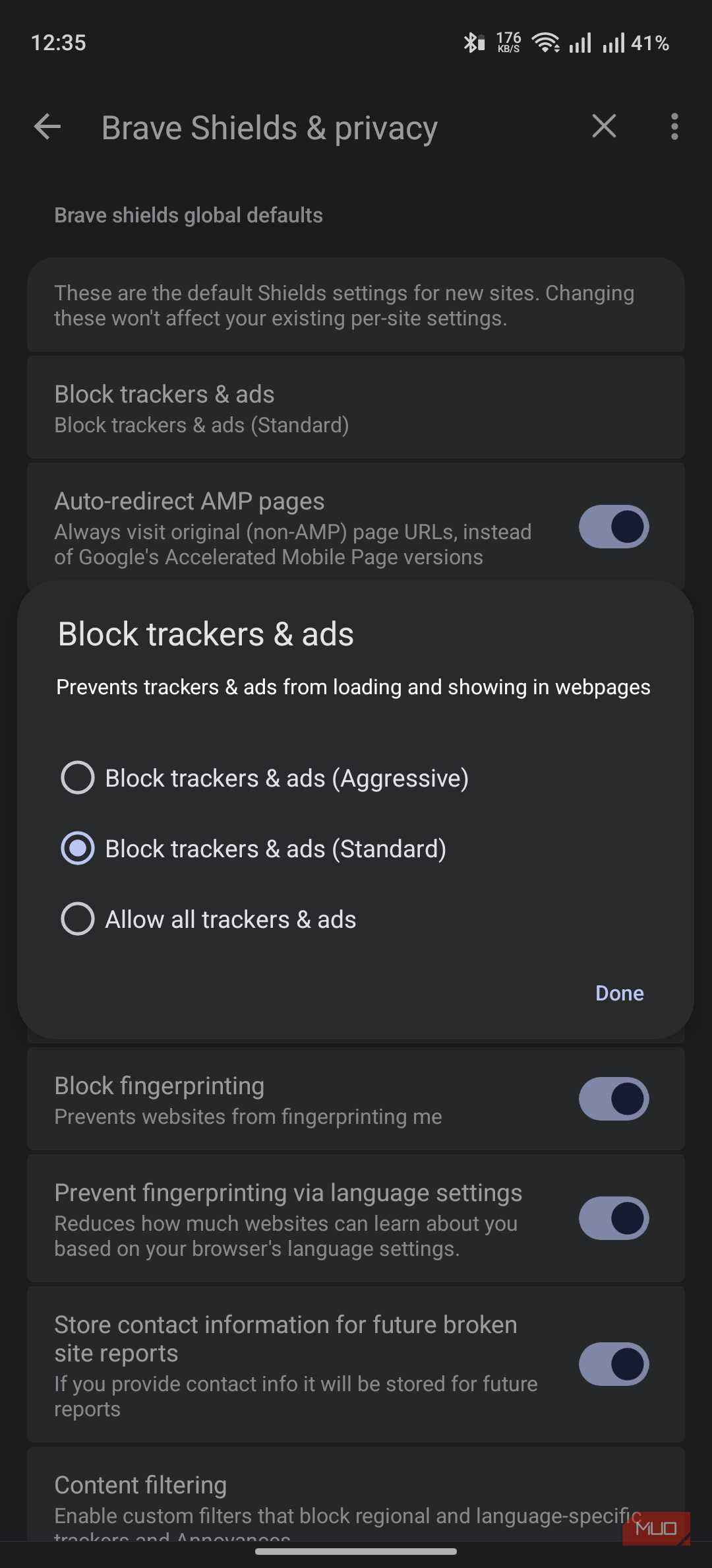 Brave Browser on Android showing advanced ad blocking features