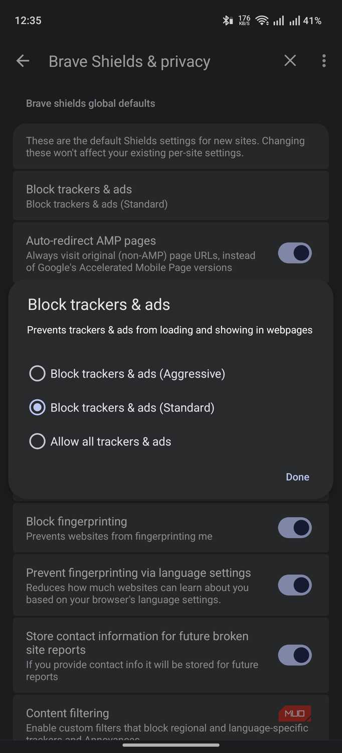 Brave Browser on Android showing advanced ad blocking features
