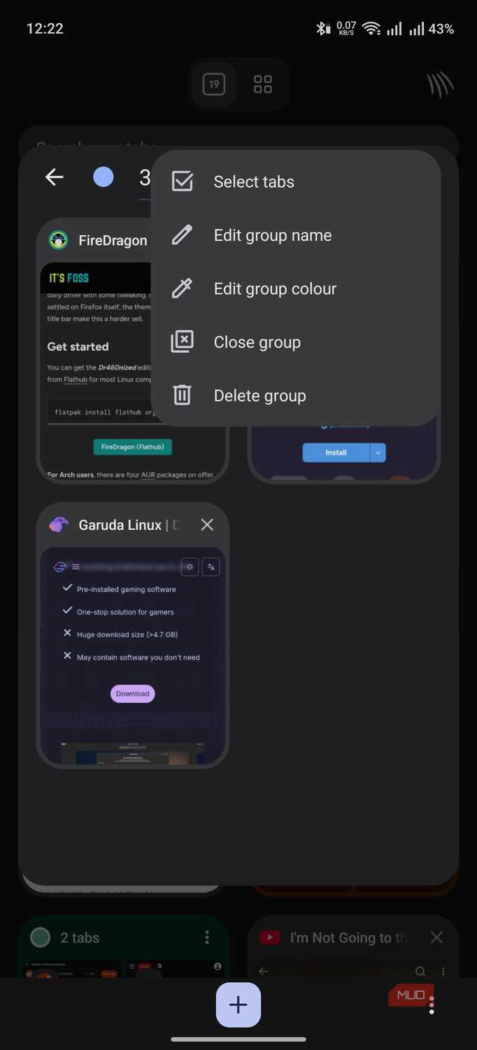 brave browser showing tab control options