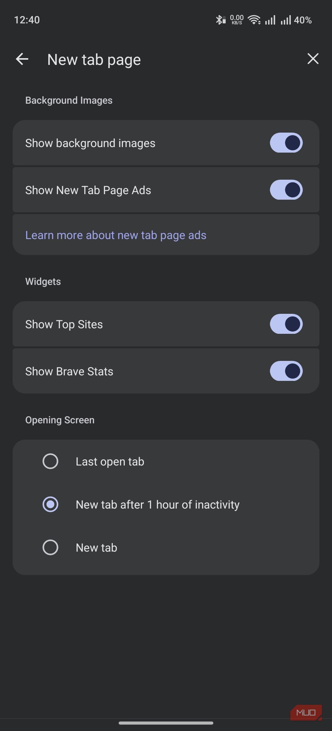 new tab page customization options on Brave browser