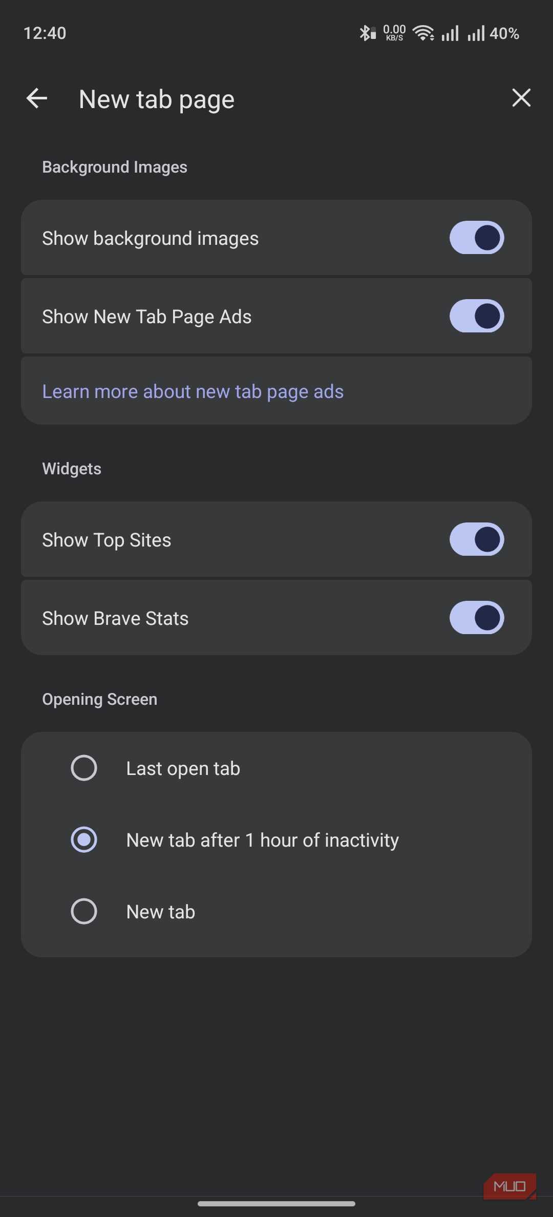 new tab page customization options on Brave browser