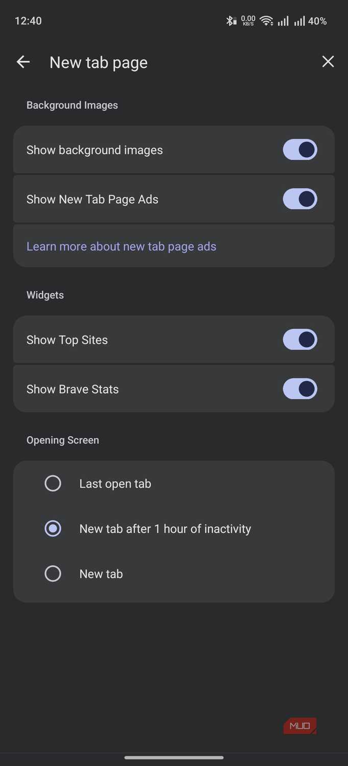 new tab page customization options on Brave browser