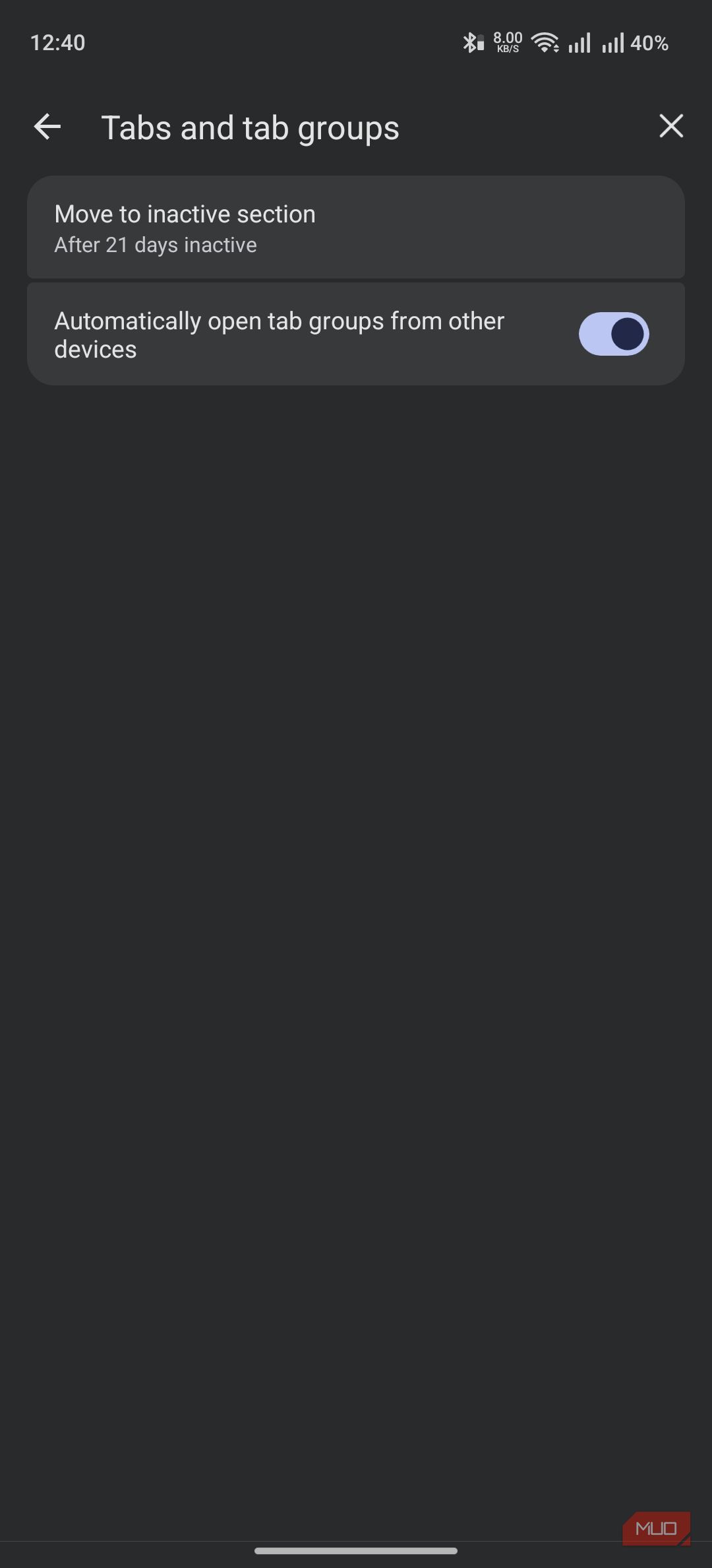 Brave Browser showing advanced settings for tabs and tab groups