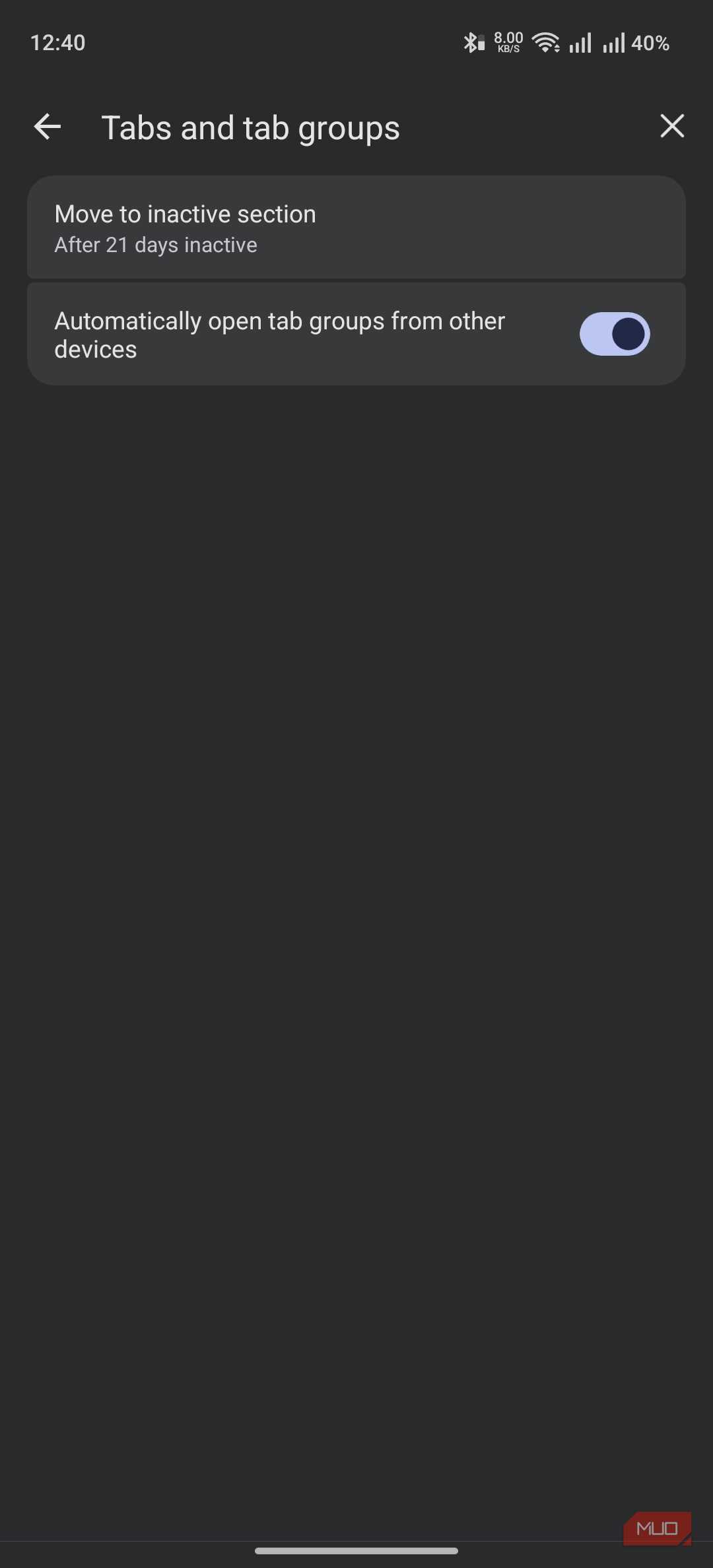 Brave Browser showing advanced settings for tabs and tab groups