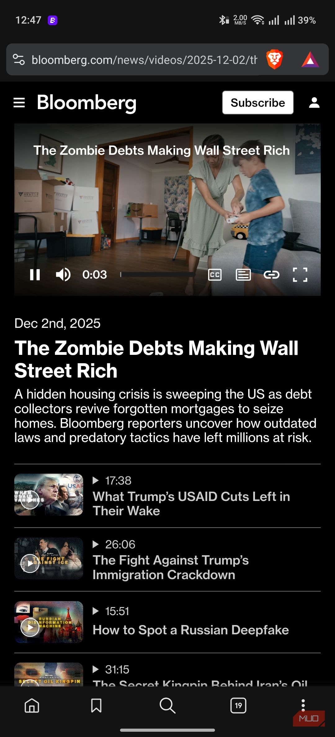 a video playing on Bloomberg on Brave Browser