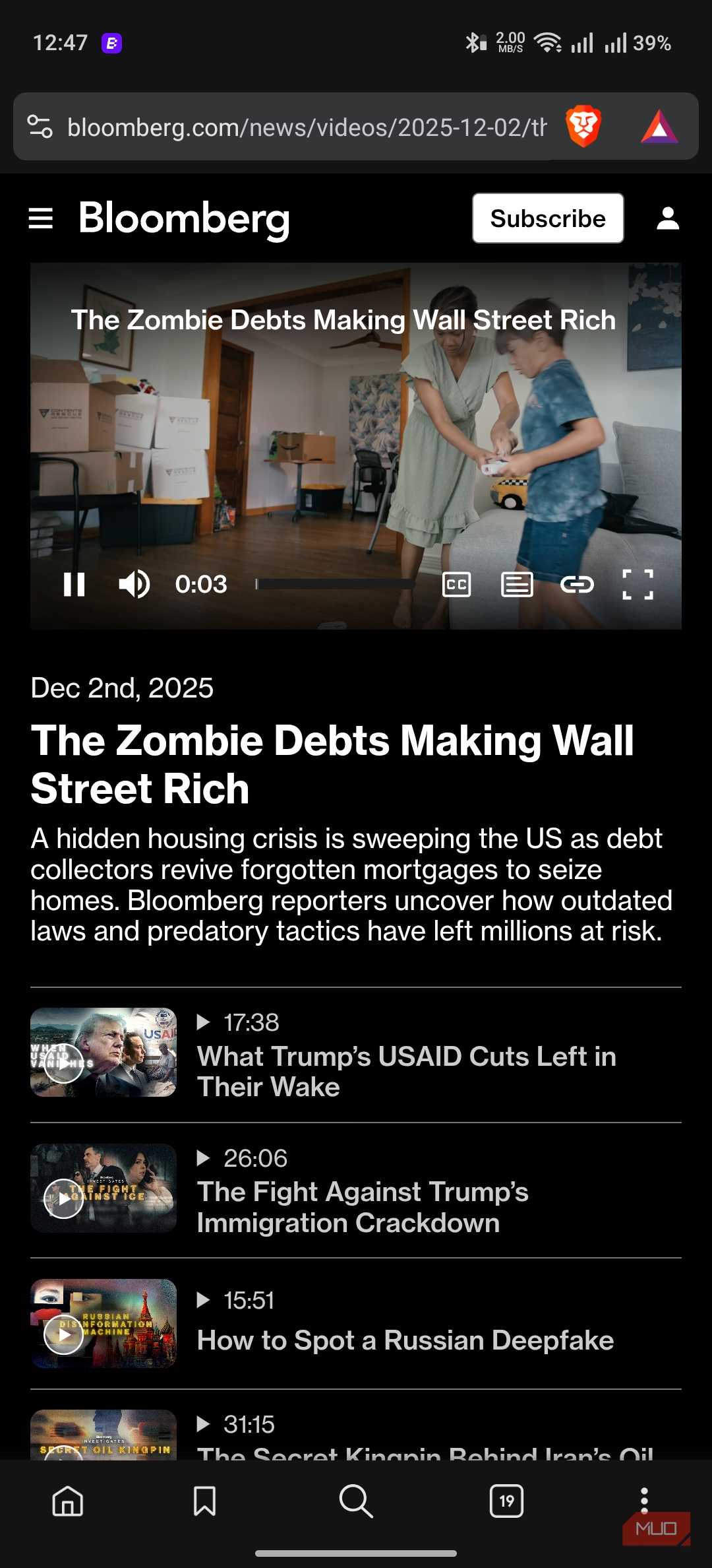 a video playing on Bloomberg on Brave Browser
