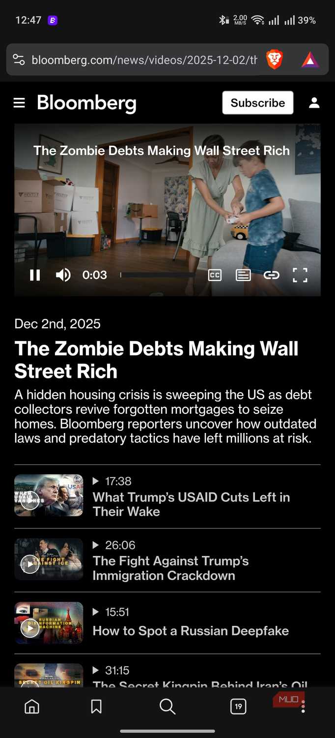 a video playing on Bloomberg on Brave Browser
