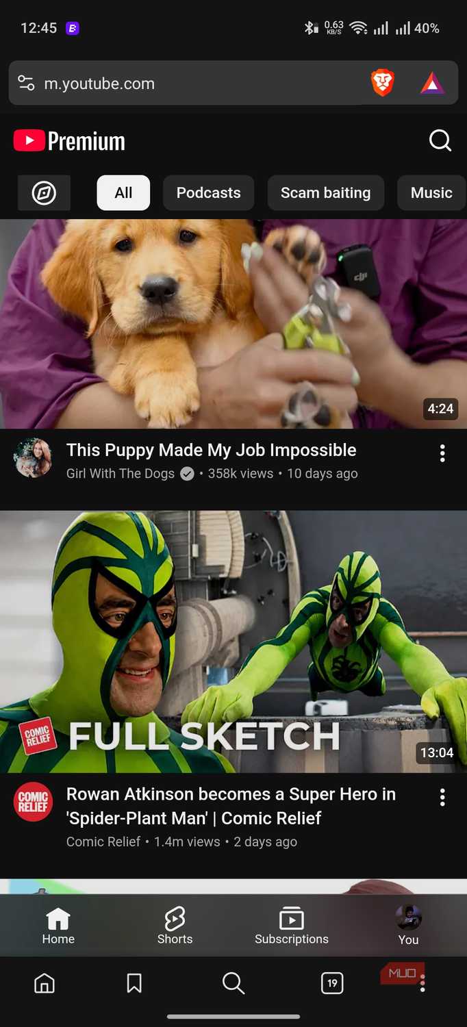 YouTube interface on Brave browser