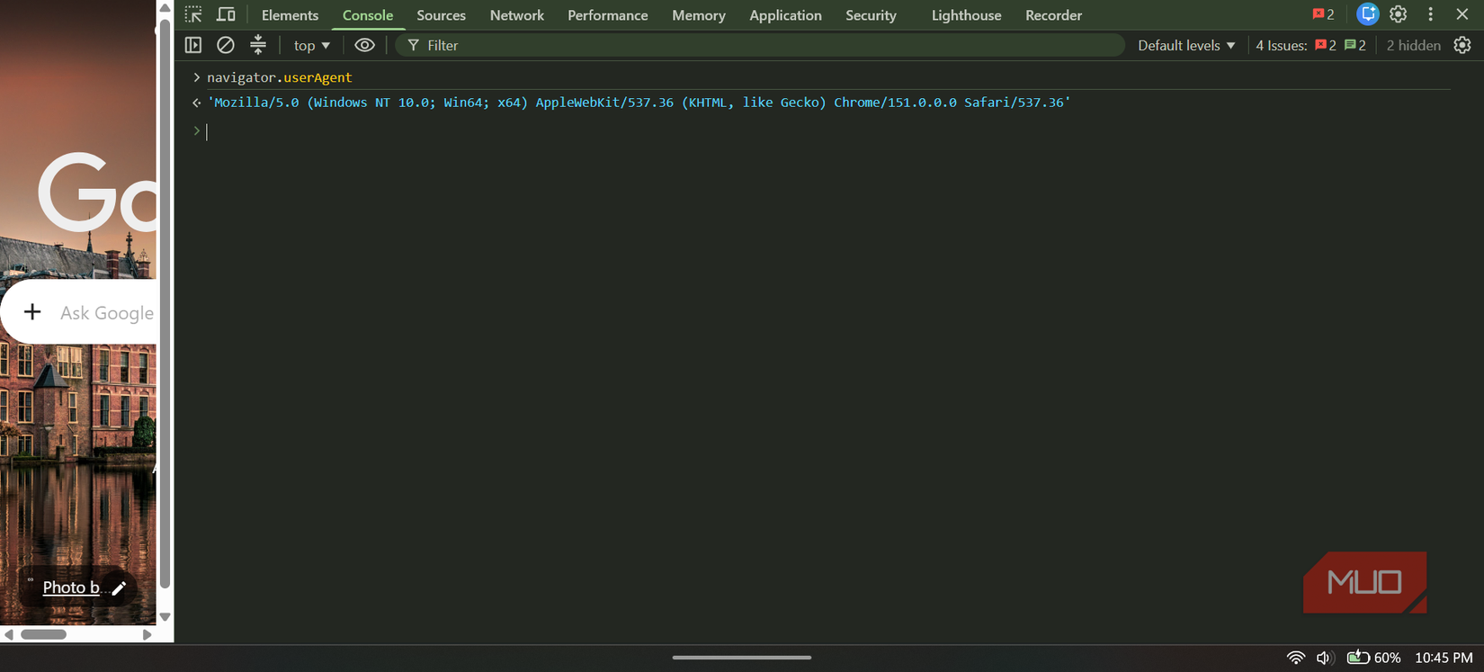 Browser developer tools console showing user agent.