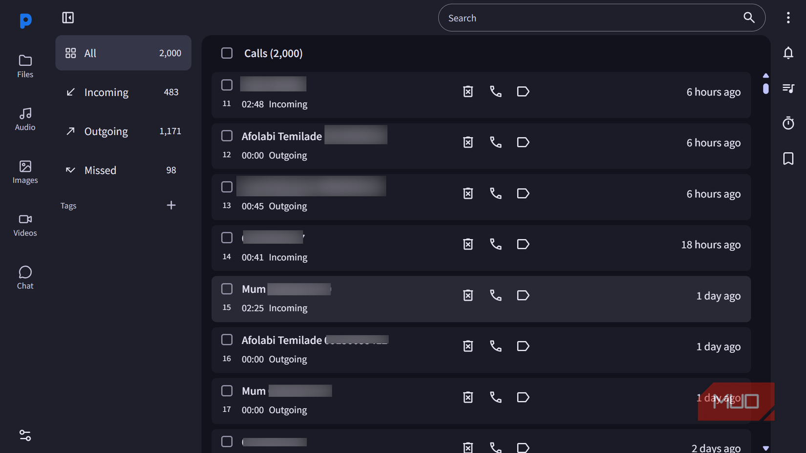 Call history list on a digital platform