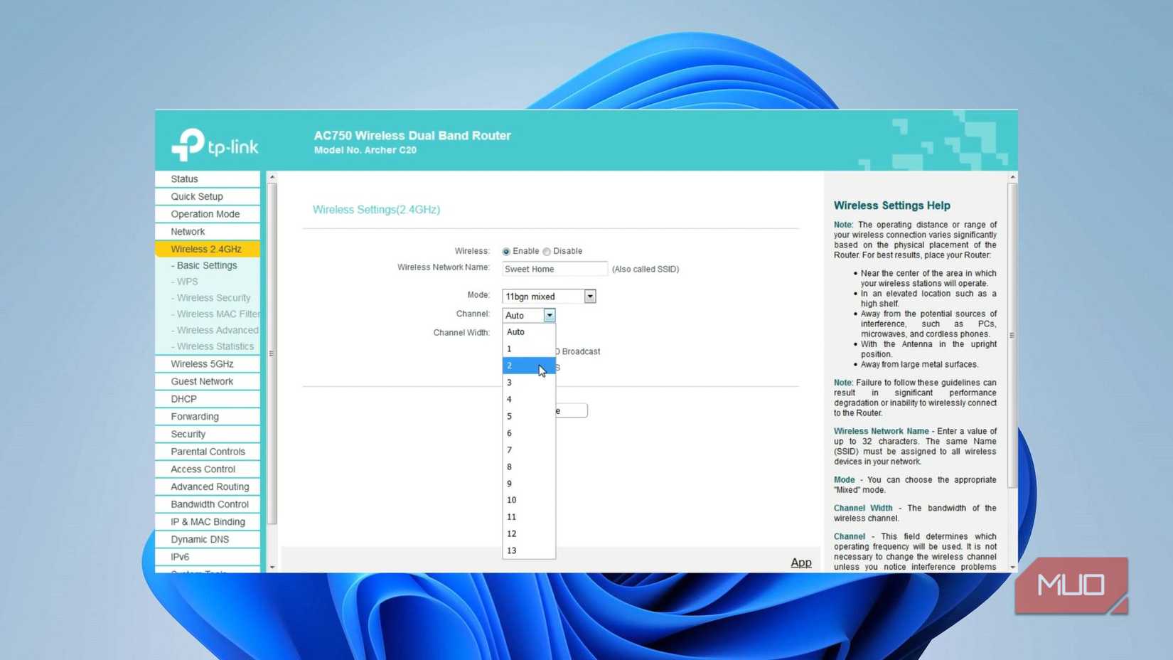 TP-Link Archer C20 router wireless settings page with the Channel dropdown menu expanded
