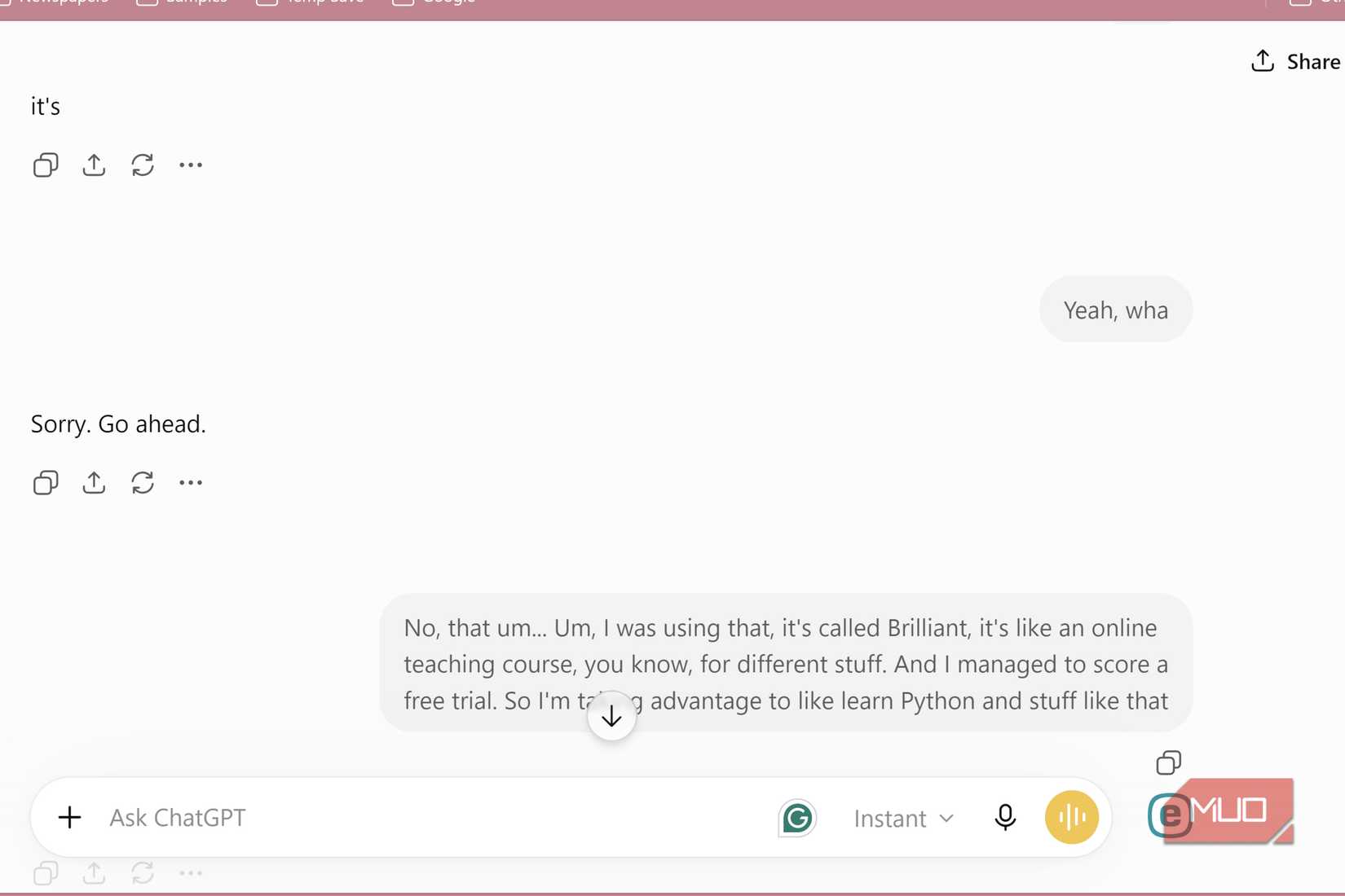 ChatGPT voice conversation transcript where a user describes using a free trial of Brilliant to learn Python