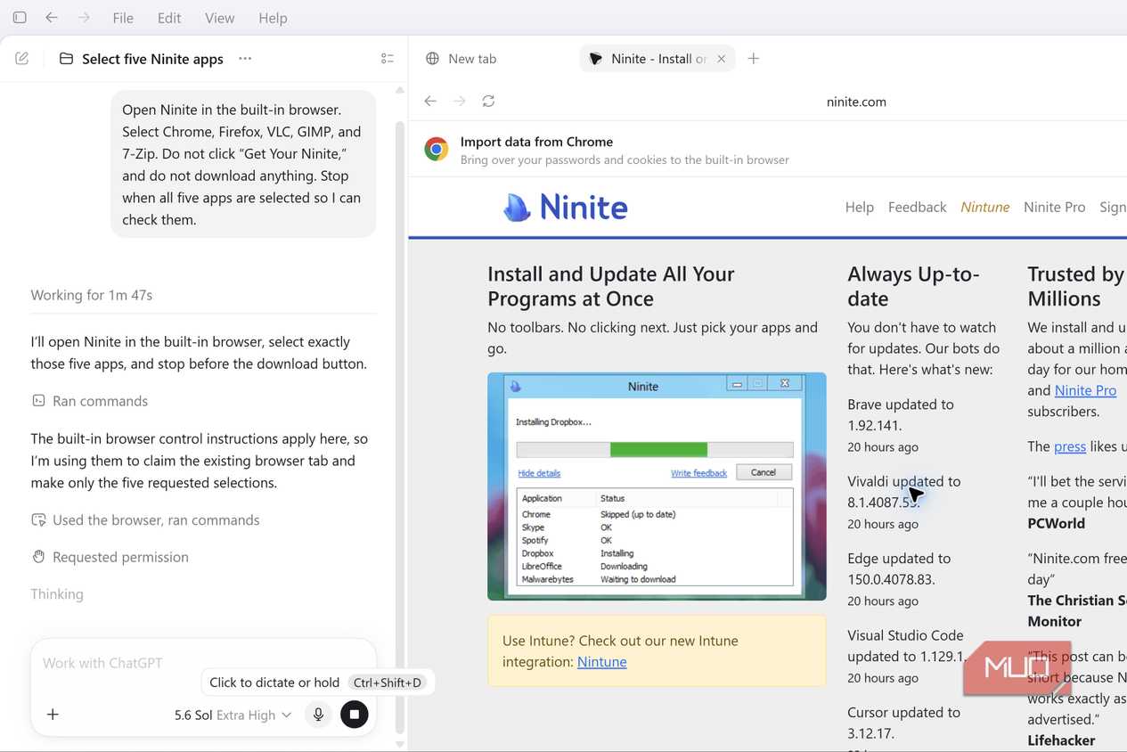 ChatGPT Work navigating Ninite