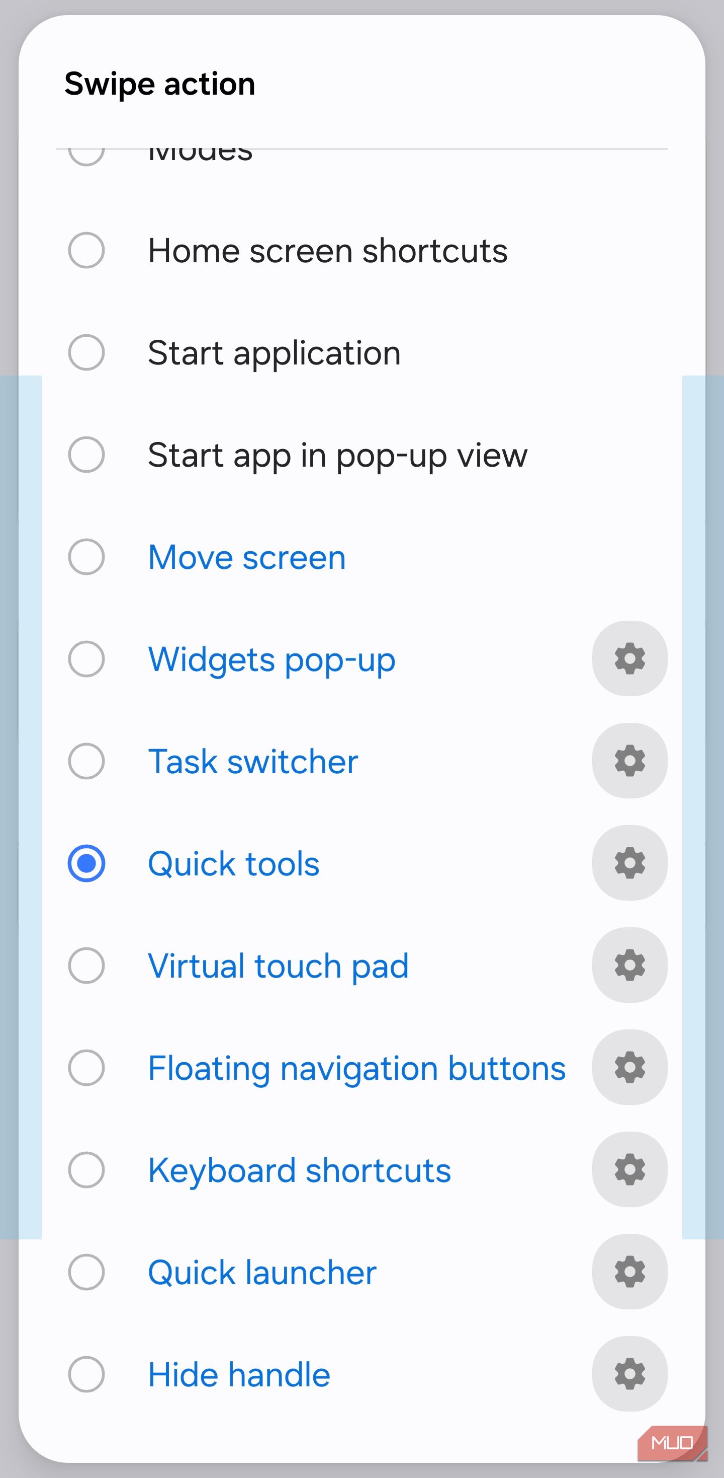 Choosing Quick Tools as a swipe action