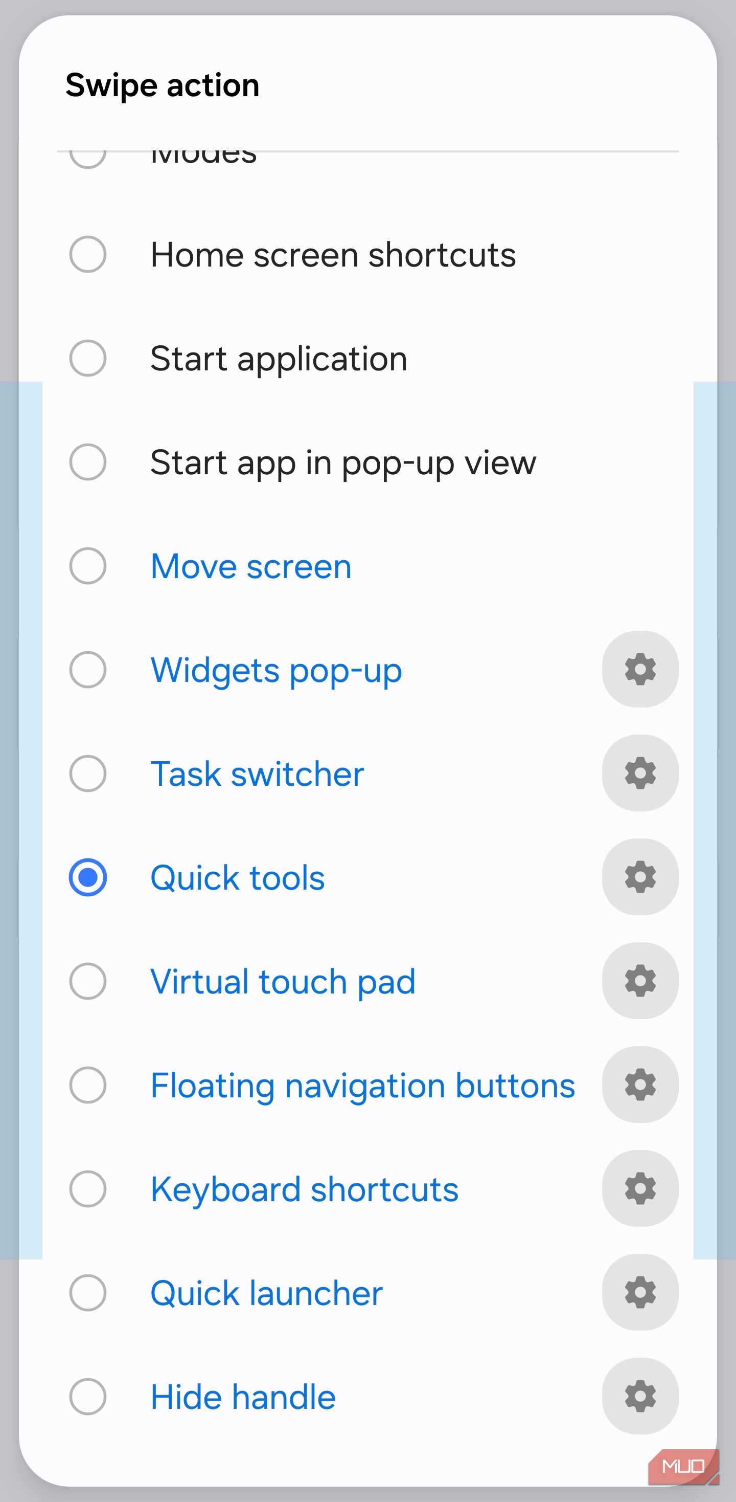Choosing Quick Tools as a swipe action