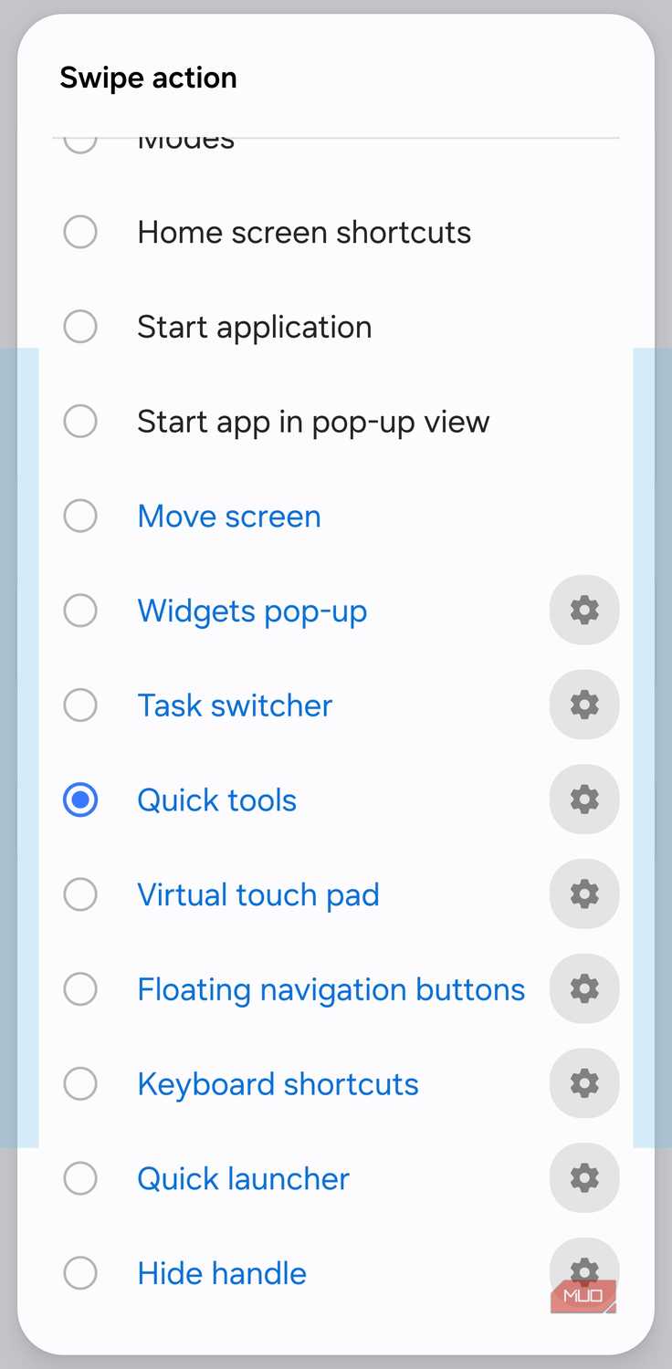 Choosing Quick Tools as a swipe action