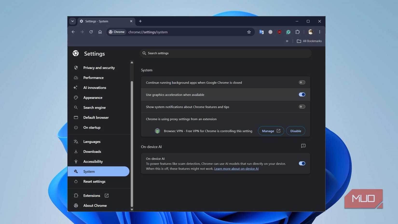 Google Chrome System settings with the Continue running background apps option turned off