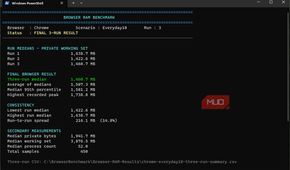 PowerShell browser benchmarking test showing three-run results