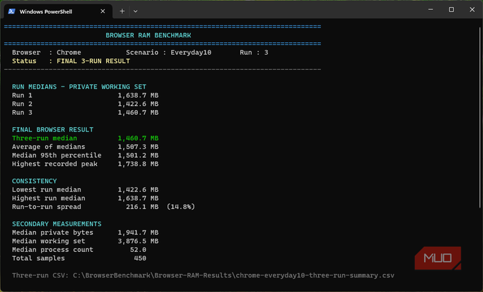 PowerShell browser benchmarking test showing three-run results