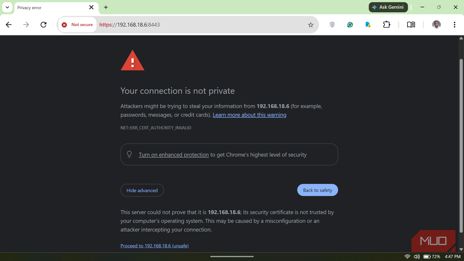 Chrome browser connection is not private warning
