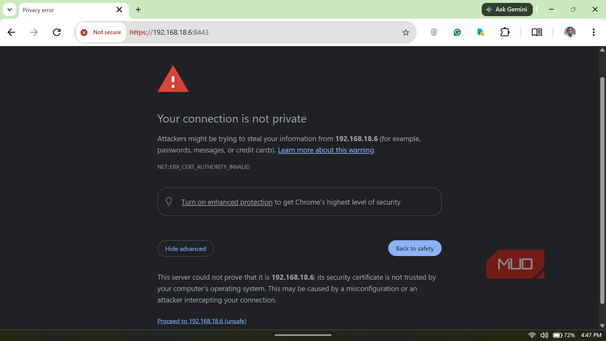 Chrome browser connection is not private warning
