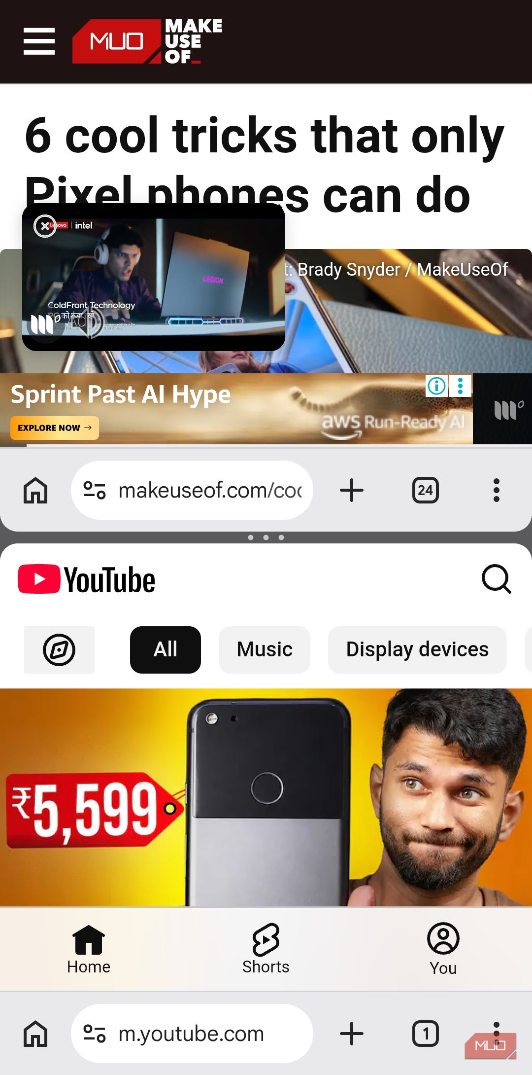 Chrome on Android showing split screen mode