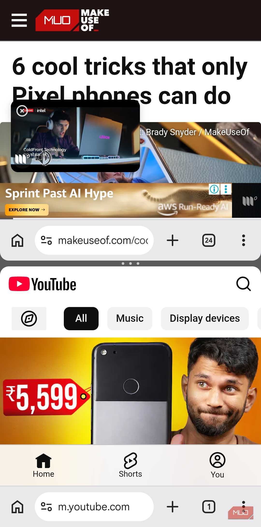 Chrome on Android showing split screen mode