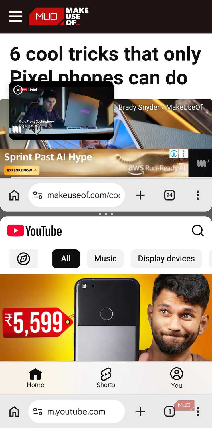 Chrome on Android showing split screen mode