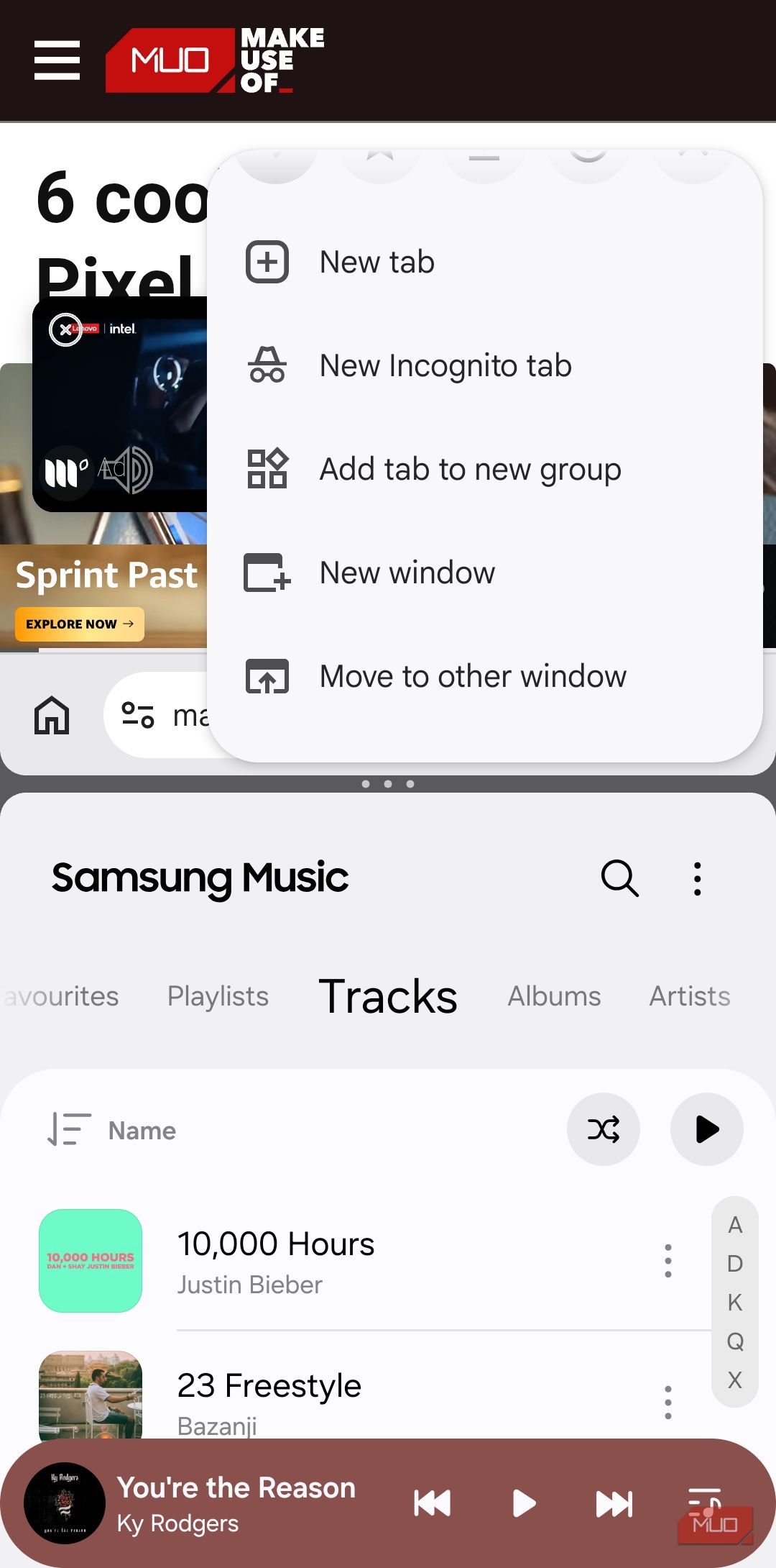 Chrome on Android with Music player in split screen mode