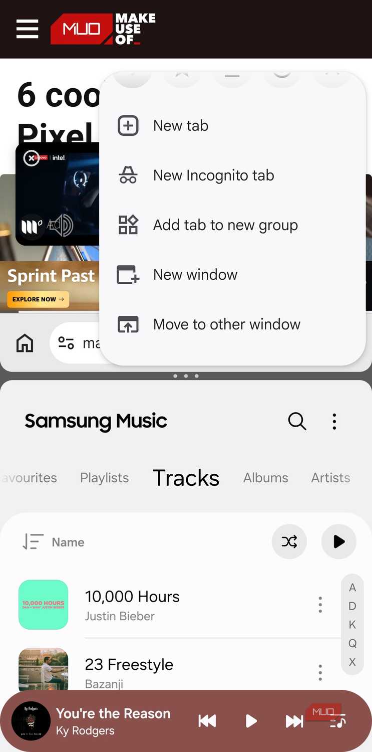Chrome on Android with Music player in split screen mode
