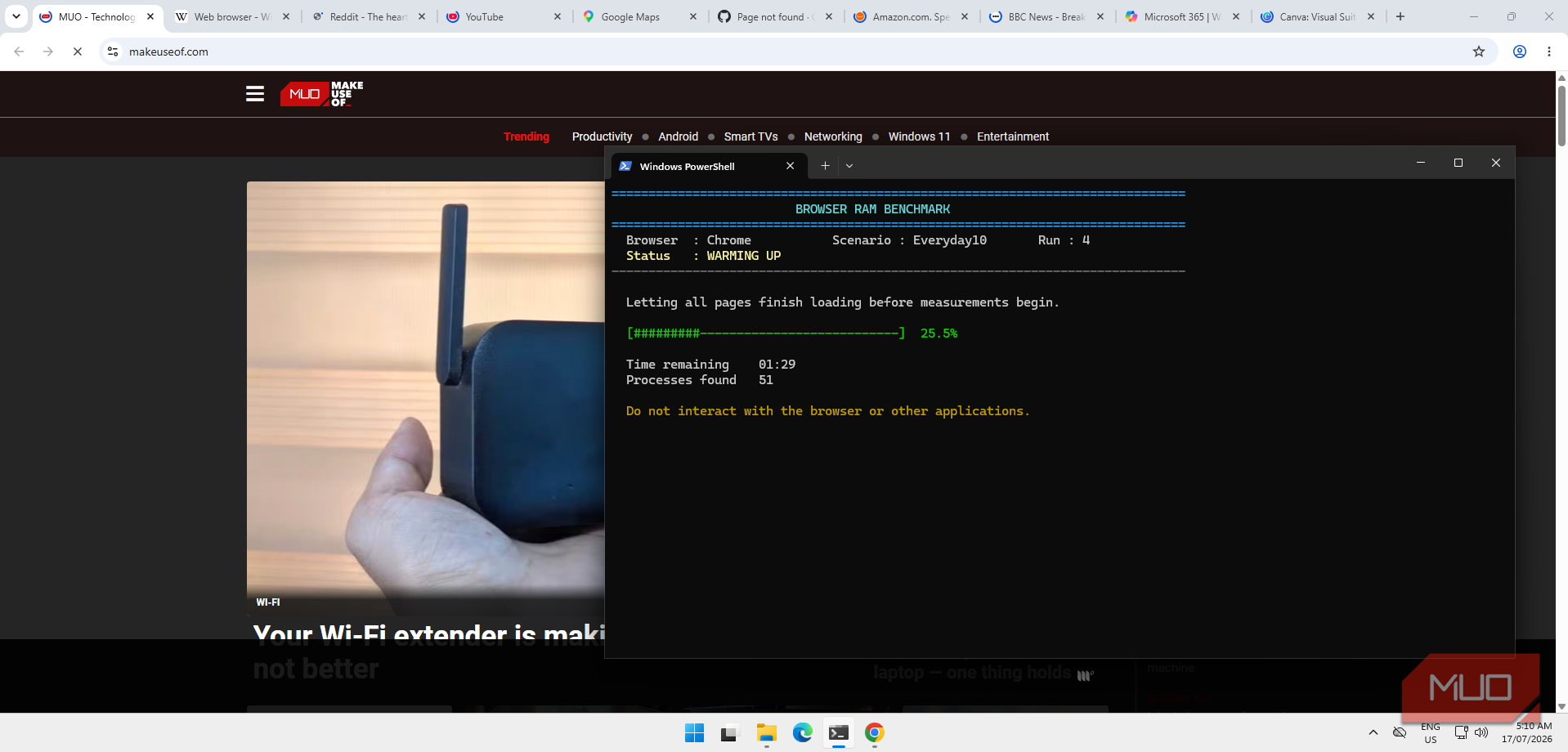Google Chrome and PowerShell 10-tab benchmarking script for ram usage