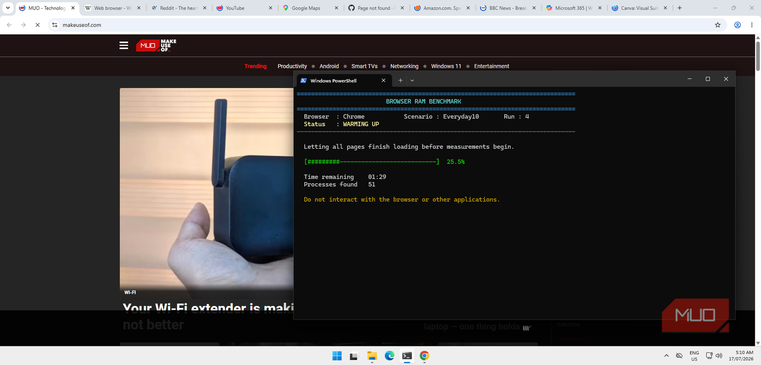 Google Chrome and PowerShell 10-tab benchmarking script for ram usage