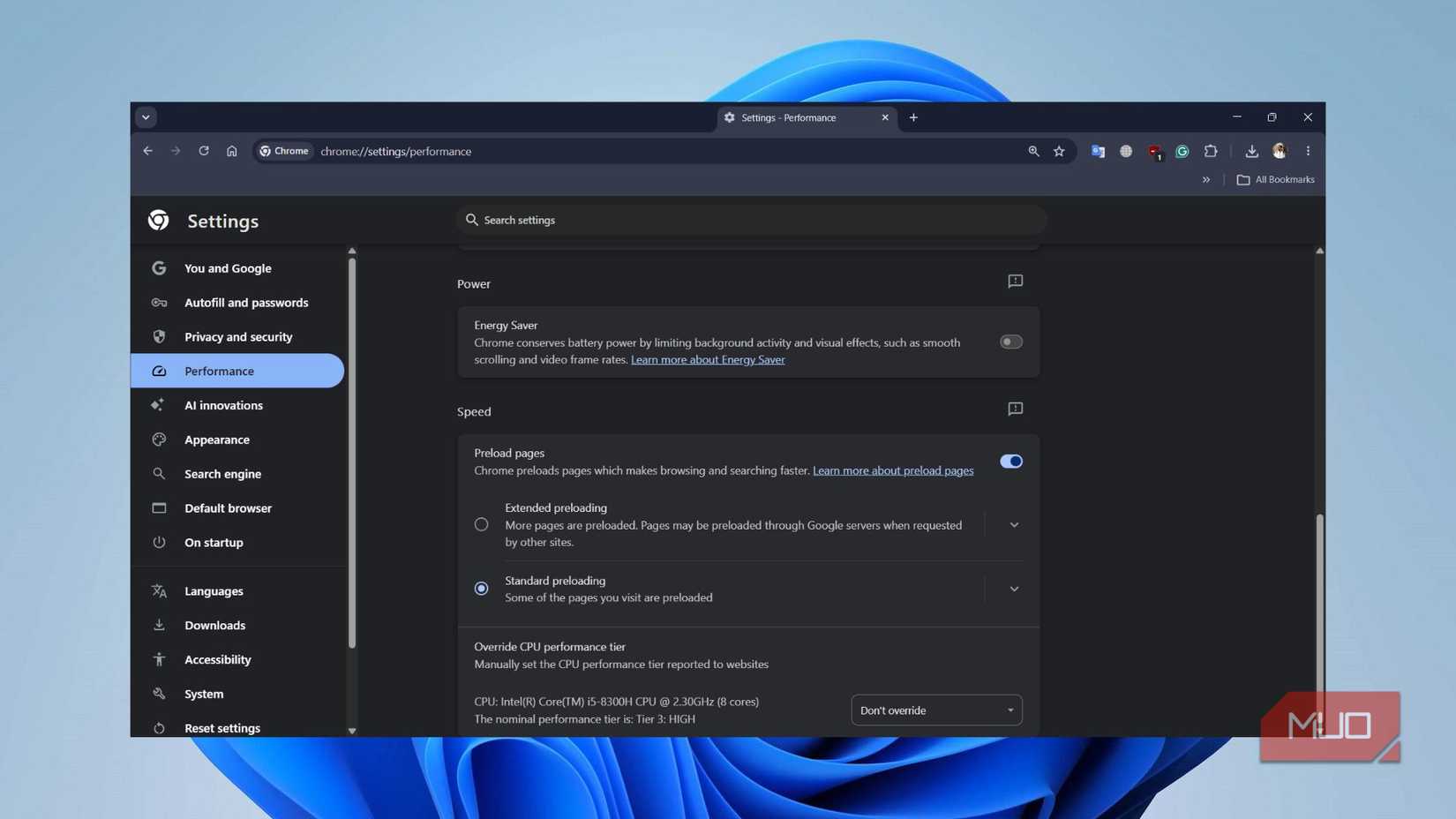 Google Chrome Preload Pages option set to Standard