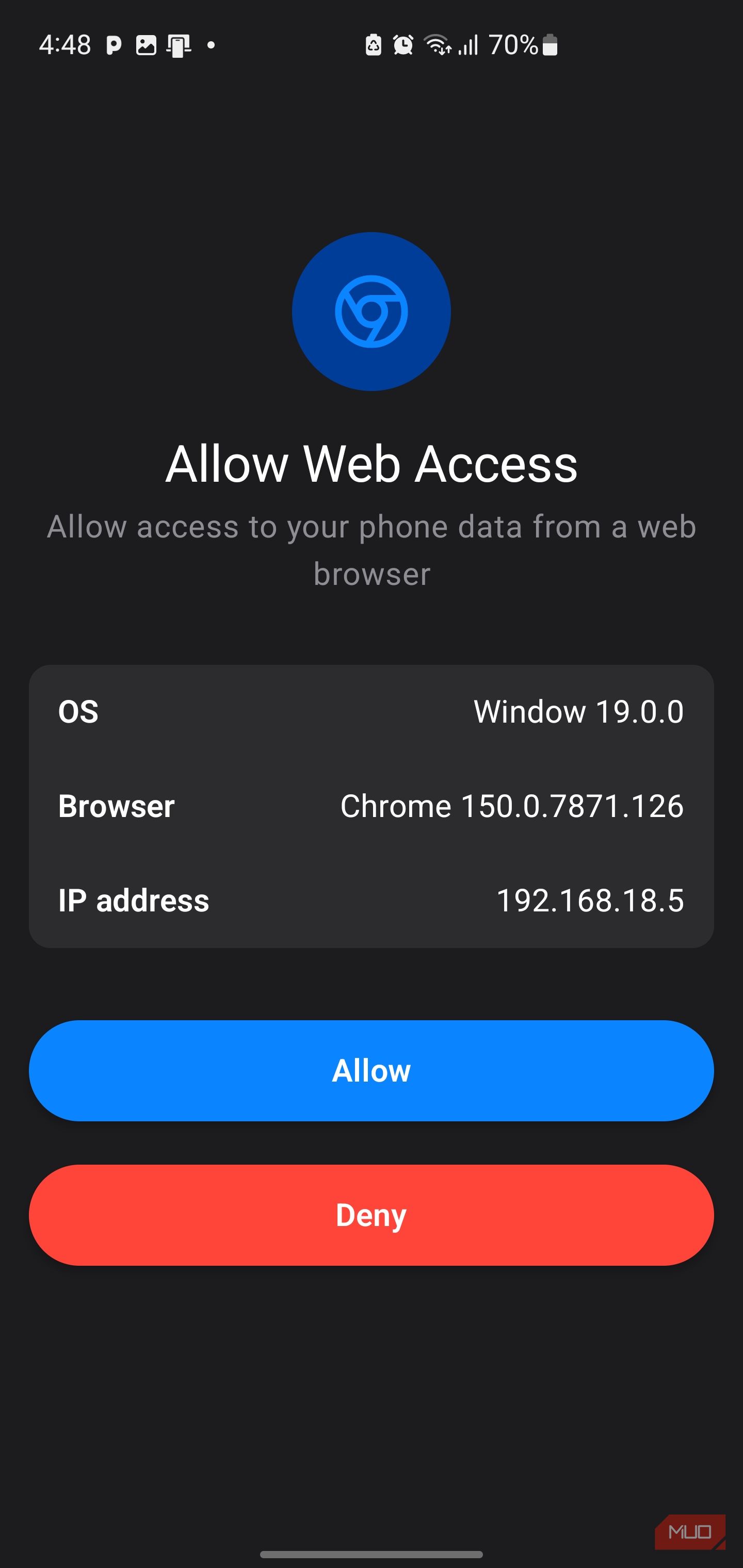 Chrome web access permission prompt