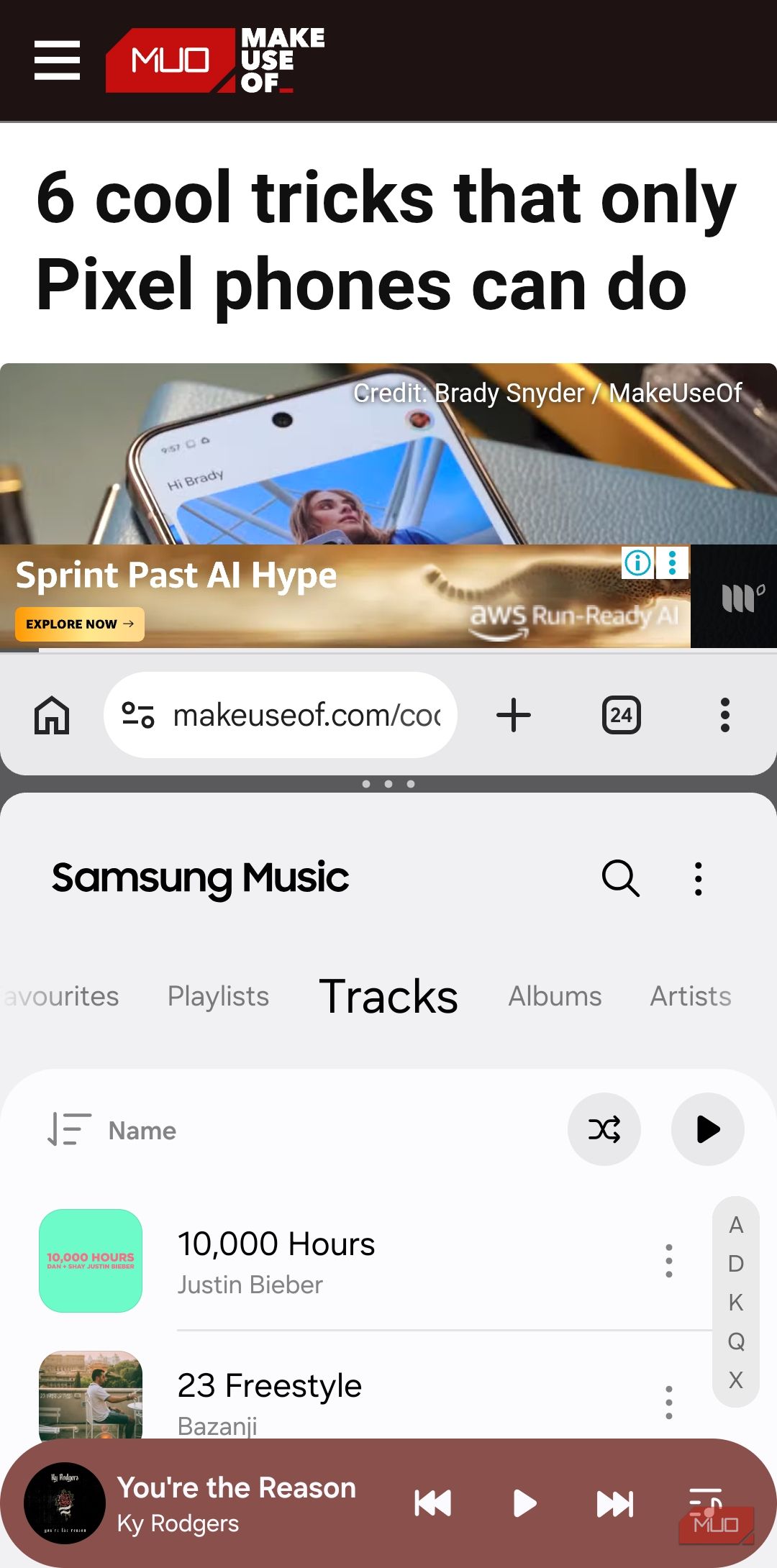 Chrome with Music player in split screen mode