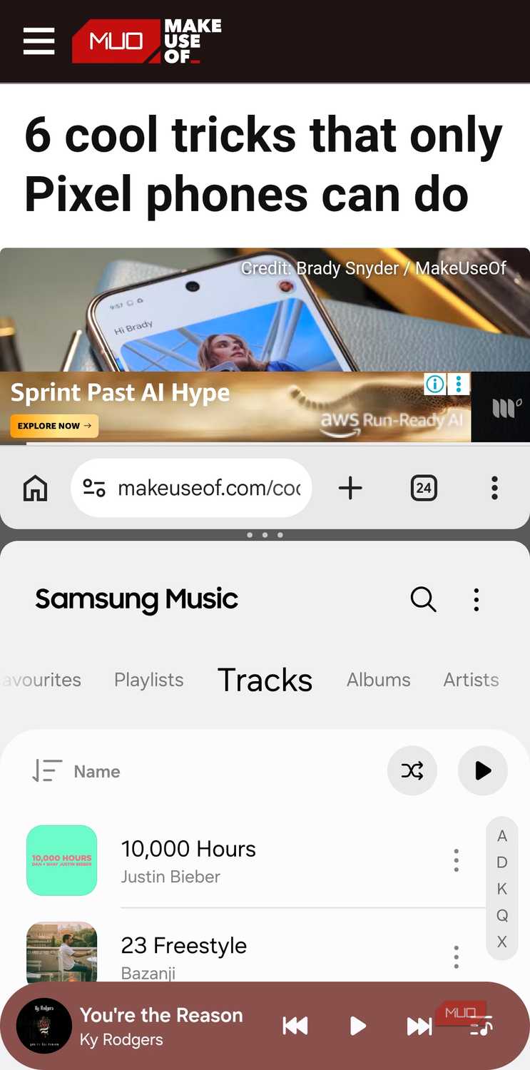 Chrome with Music player in split screen mode