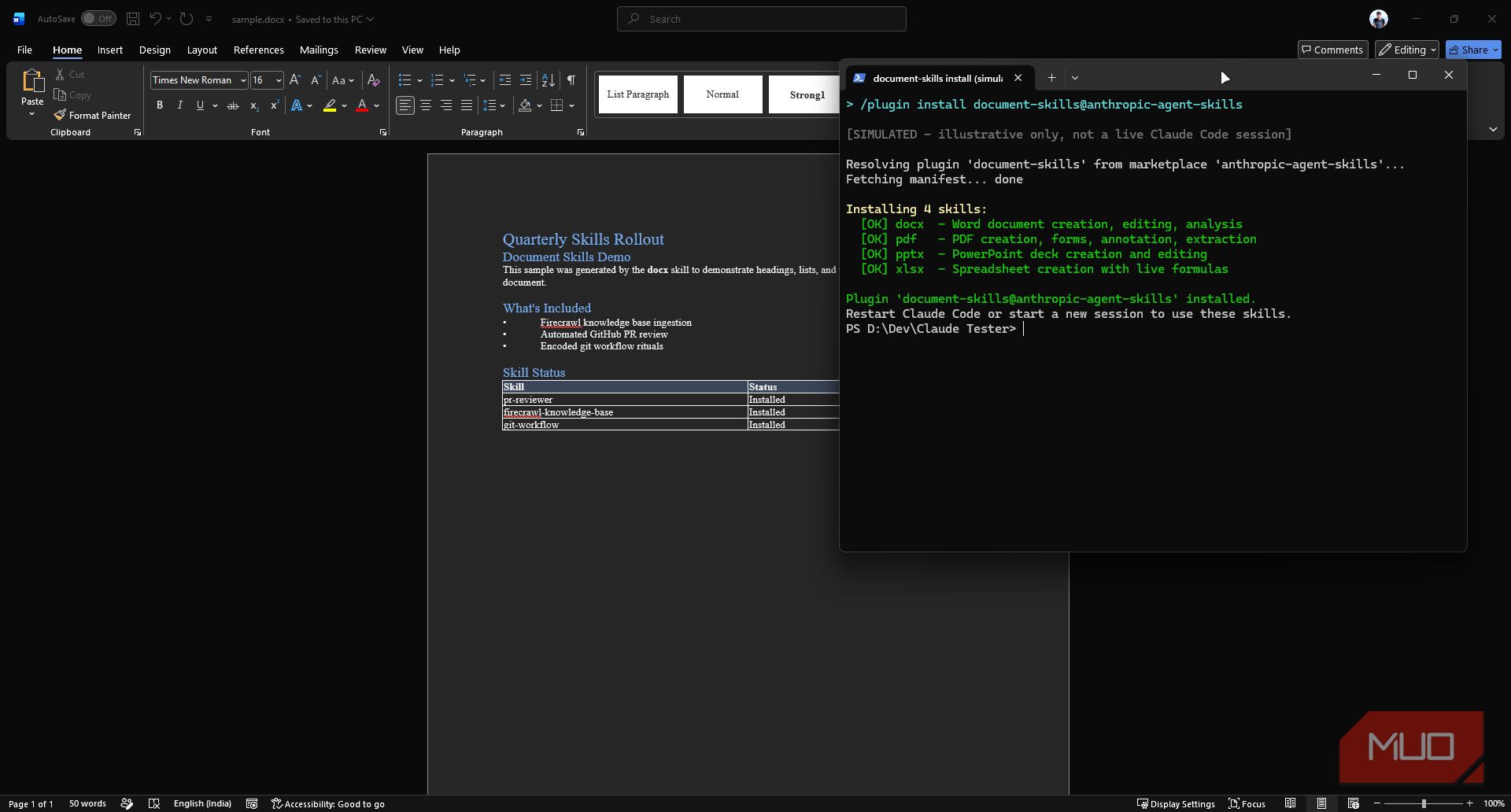 Claude document skill installing with AI generated Word document.