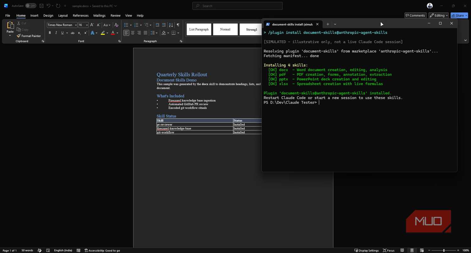 Claude document skill installing with AI generated Word document.