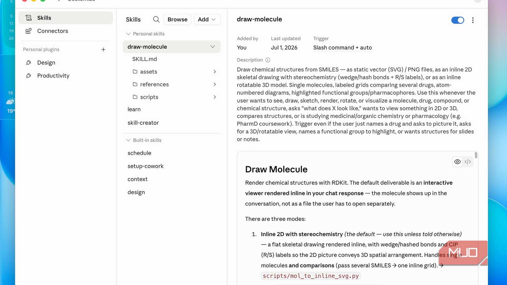 Claude draw molecule skill page describes RDKit 2D and 3D chemical structure rendering
